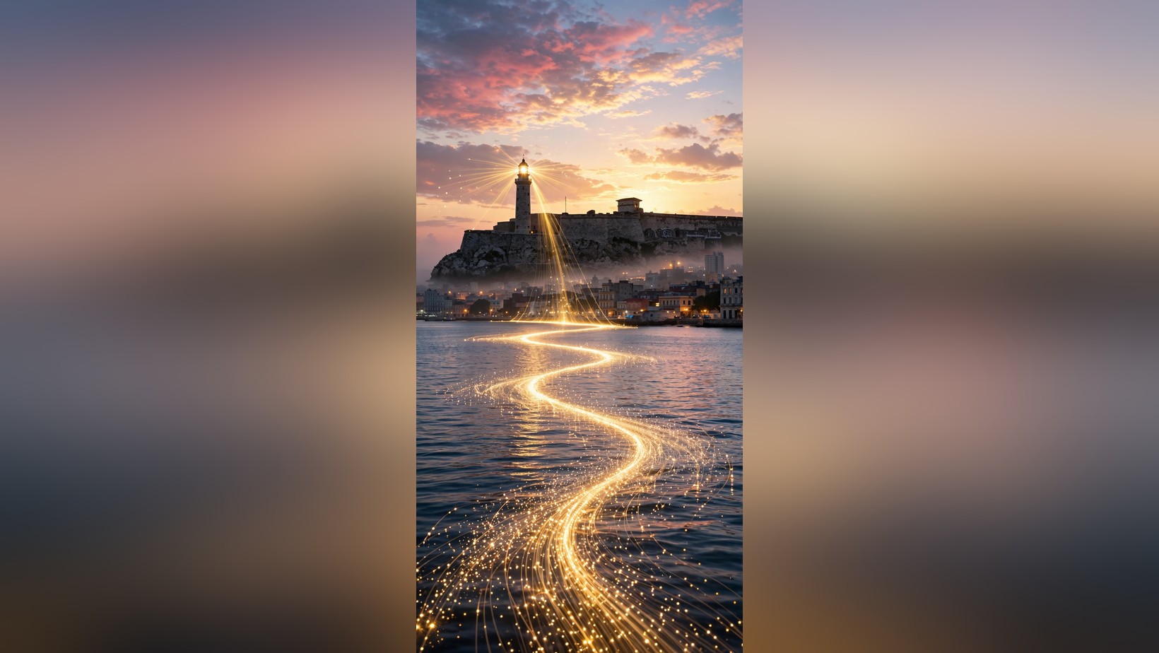 El Morro de La Habana al amanecer con un camino dorado de luz sobre el mar